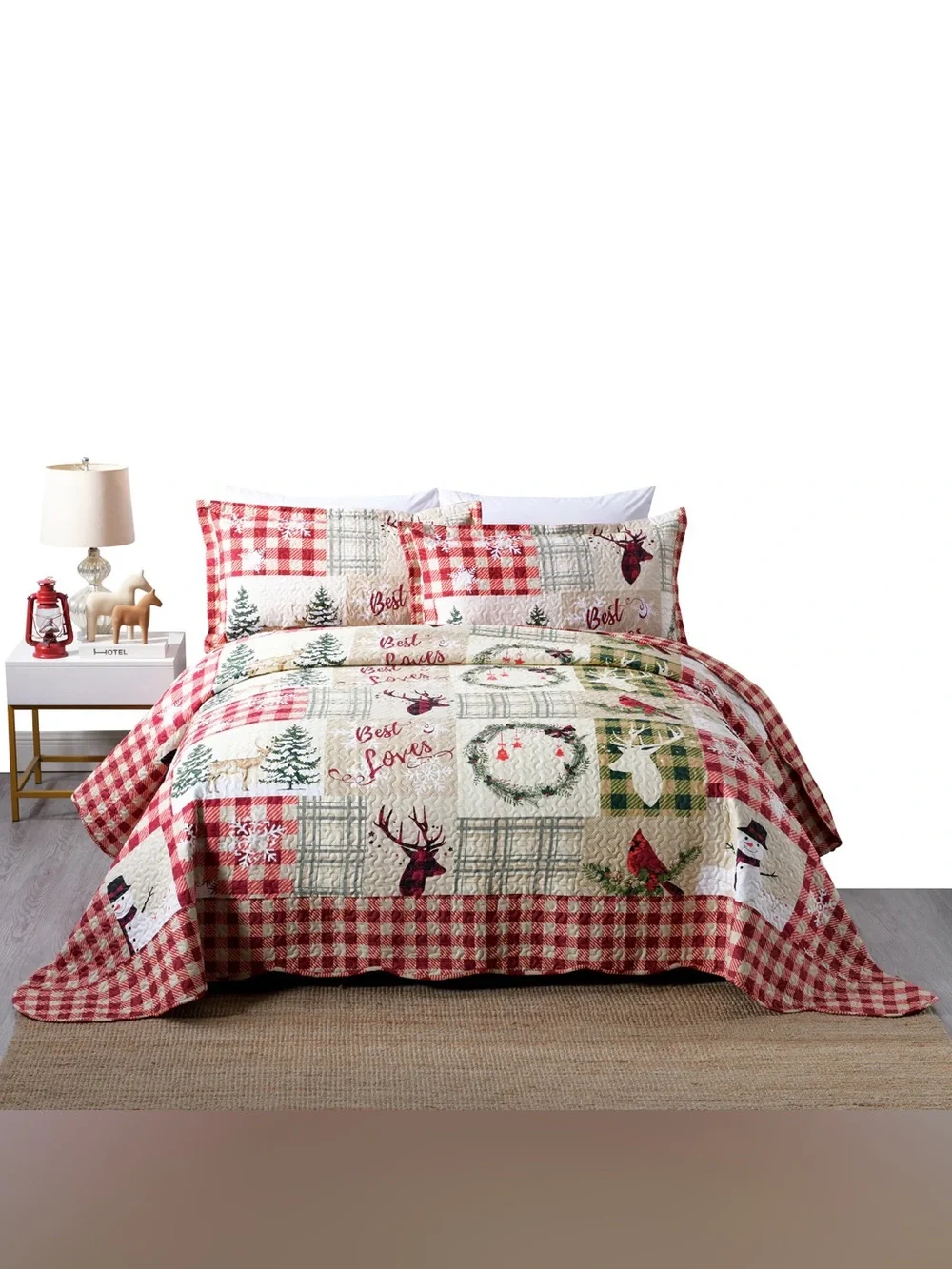 Red Christmas Plaid 3 piece queen Quilted Bedding Set